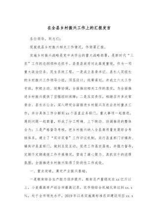 在全县乡村振兴工作上的汇报发言