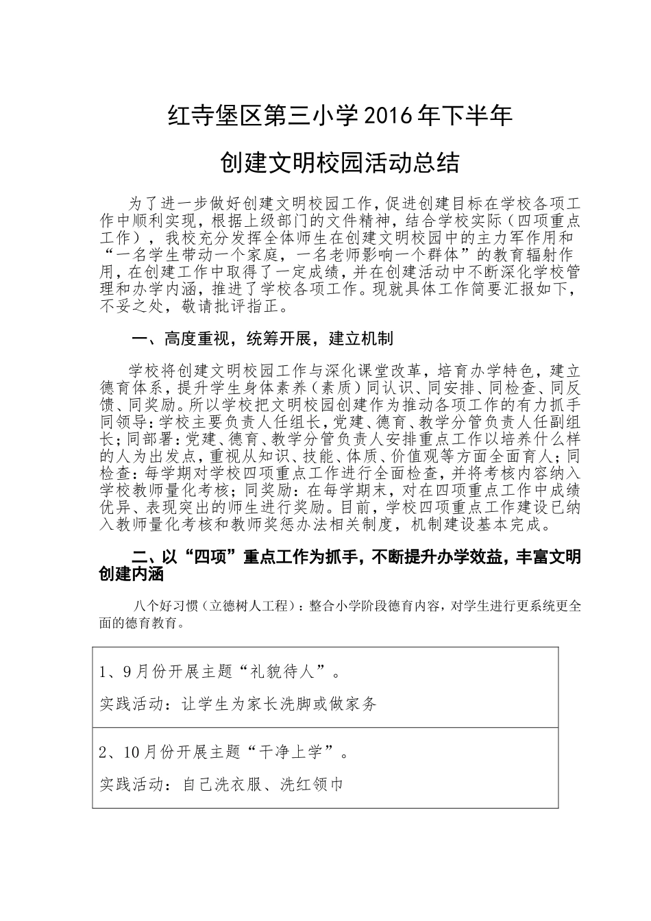 红寺堡区第三小学下半年创建文明校园活动总结_第1页