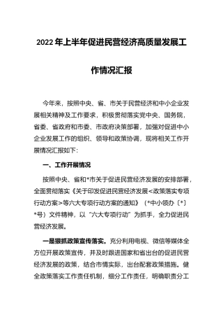 2022年上半年促进民营经济高质量发展工作情况汇报