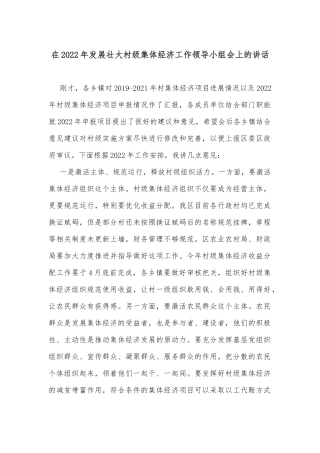 在2022年发展壮大村级集体经济工作领导小组会上的讲话