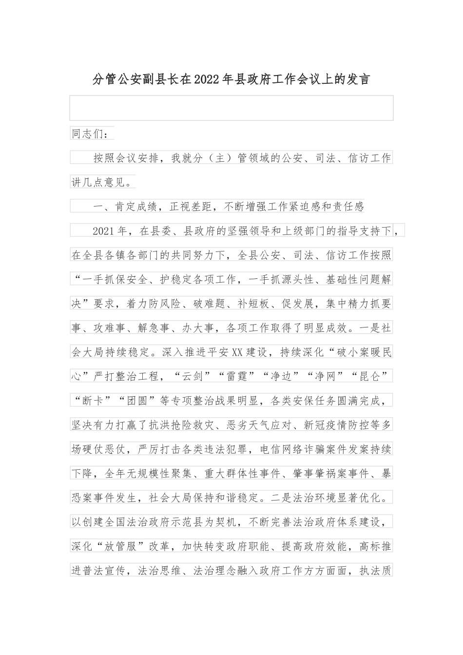 分管公安副县长在2022年县政府工作会议上的发言_第1页