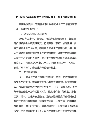 关于全市上半年安全生产工作情况及下一步工作建议的汇报