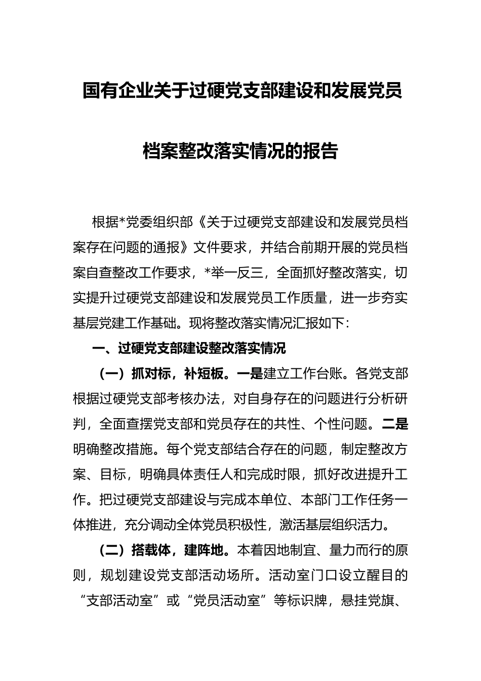 国有企业关于过硬党支部建设和发展党员档案整改落实情况的报告_第1页
