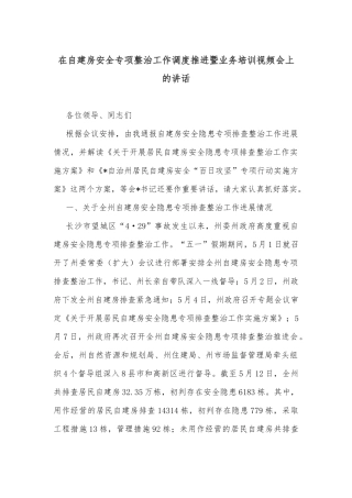 在自建房安全专项整治工作调度推进暨业务培训视频会上的讲话