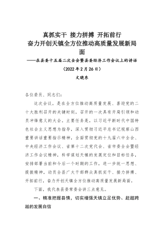 （7.6）在县委十五届二次全会暨县委经济工作会议上的讲话