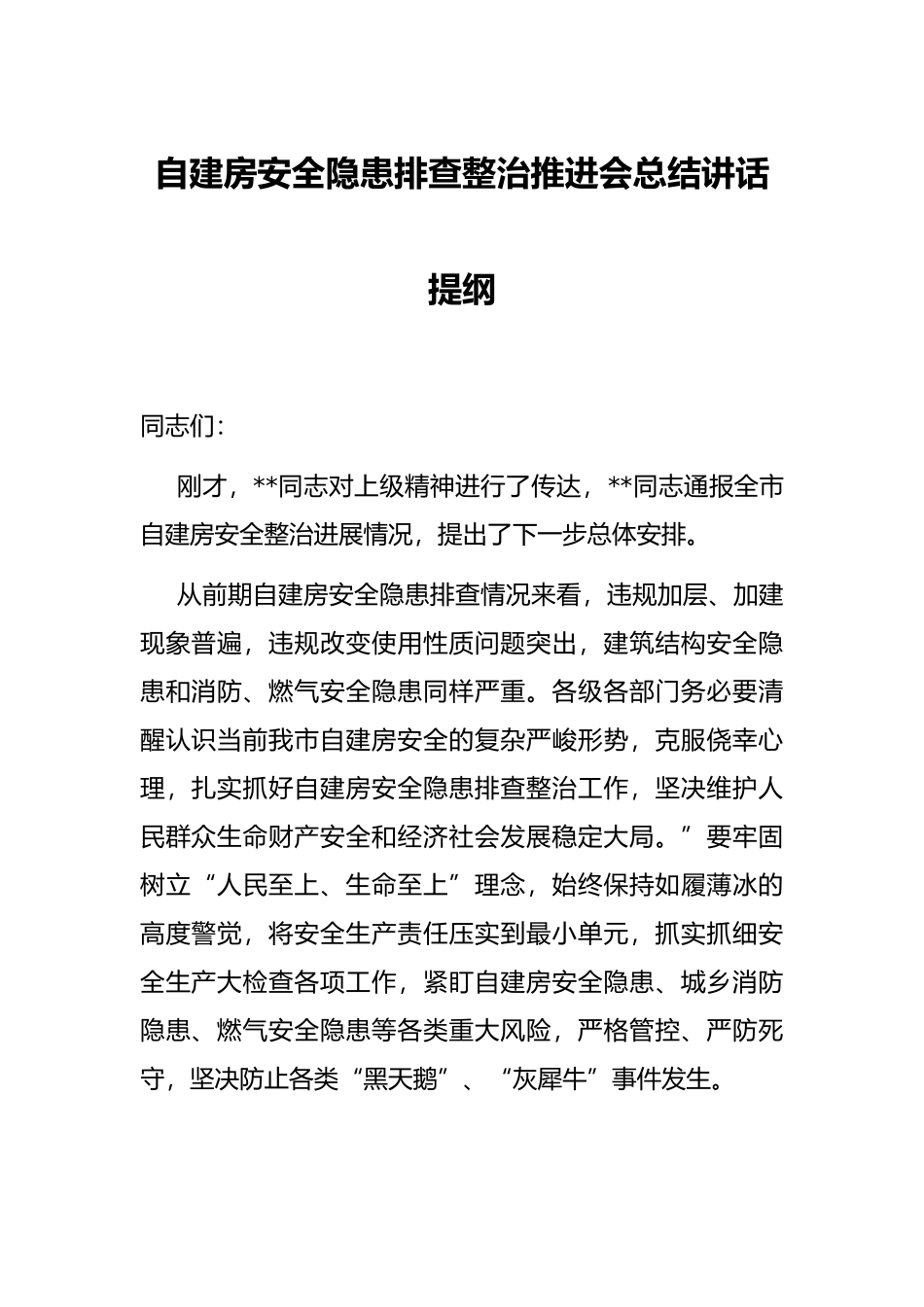 自建房安全隐患排查整治推进会总结讲话提纲_第1页