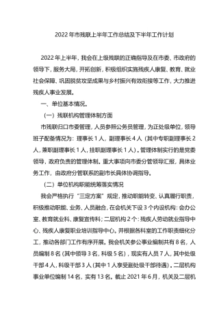 2022年市残联上半年工作总结及下半年工作计划