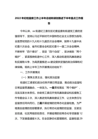 2022年纪检监察工作上半年总结和谋划推进下半年重点工作报告