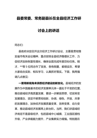 县委常委、常务副县长在全县经济工作研讨会上的讲话