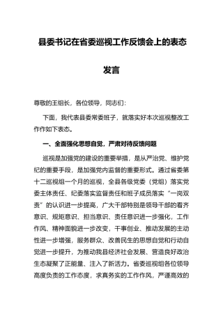 县委书记在省委巡视工作反馈会上的表态发言
