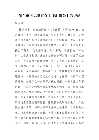 在全市河长制督查工作汇报会上的讲话