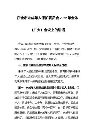 在全市未成年人保护委员会2022年全体（扩大）会议上的讲话