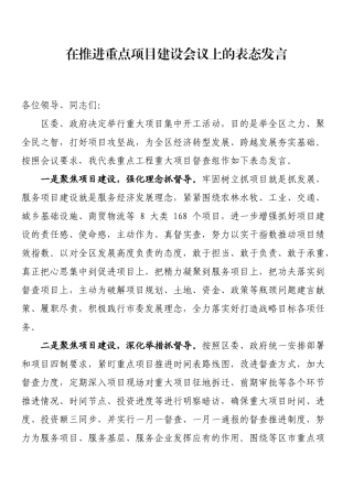 在推进重点项目建设会议上的表态发言