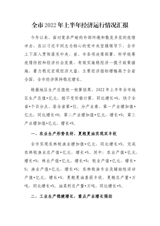 全市2022年上半年经济运行情况汇报