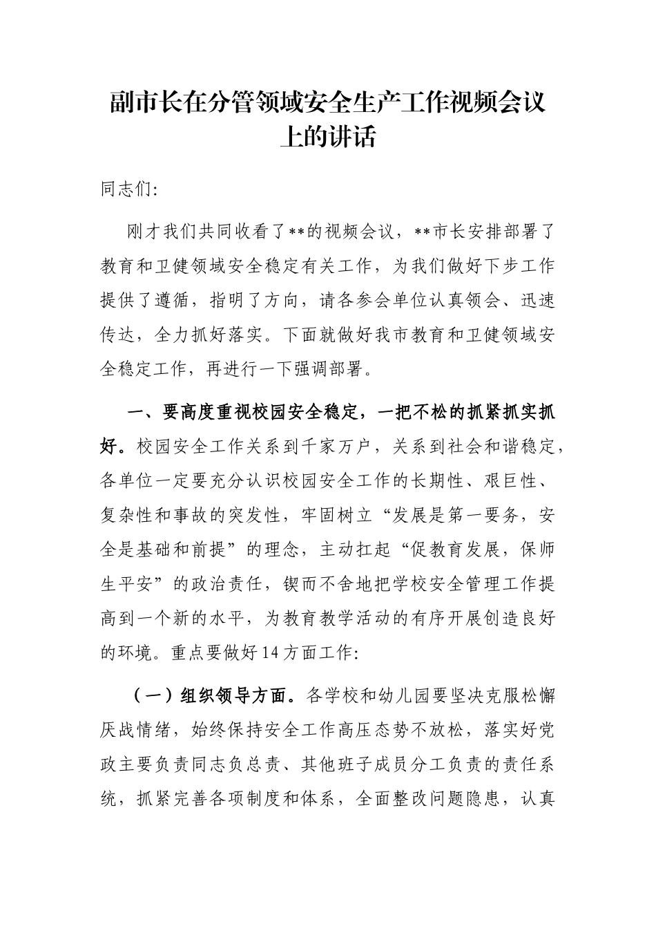 副市长在分管领域安全生产工作视频会议上的讲话_第1页