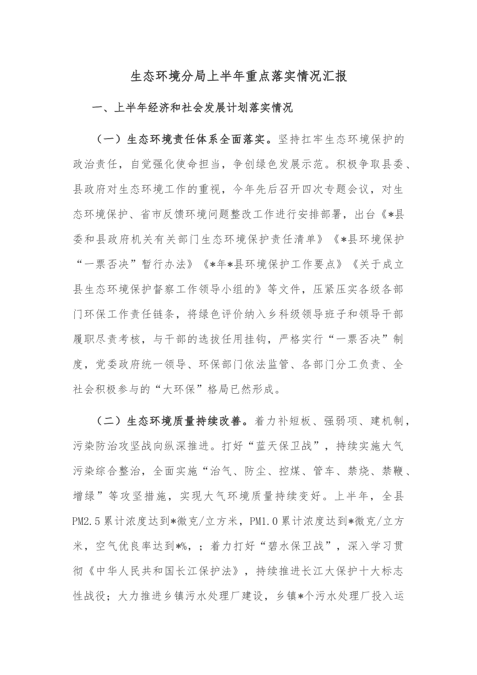 生态环境分局上半年重点落实情况汇报_第1页