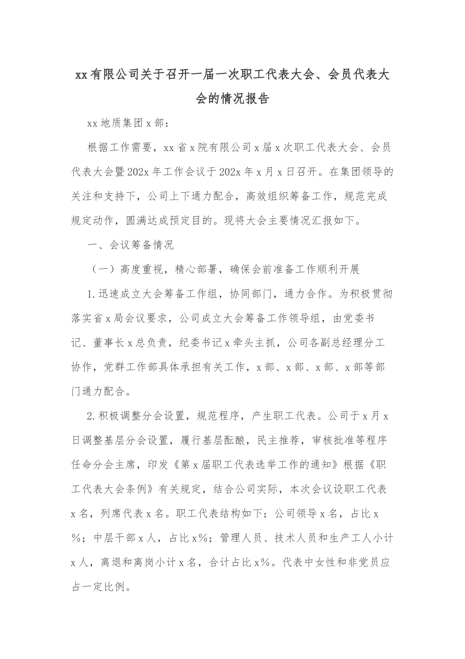 xx有限公司关于召开一届一次职工代表大会、会员代表大会的情况报告_第1页