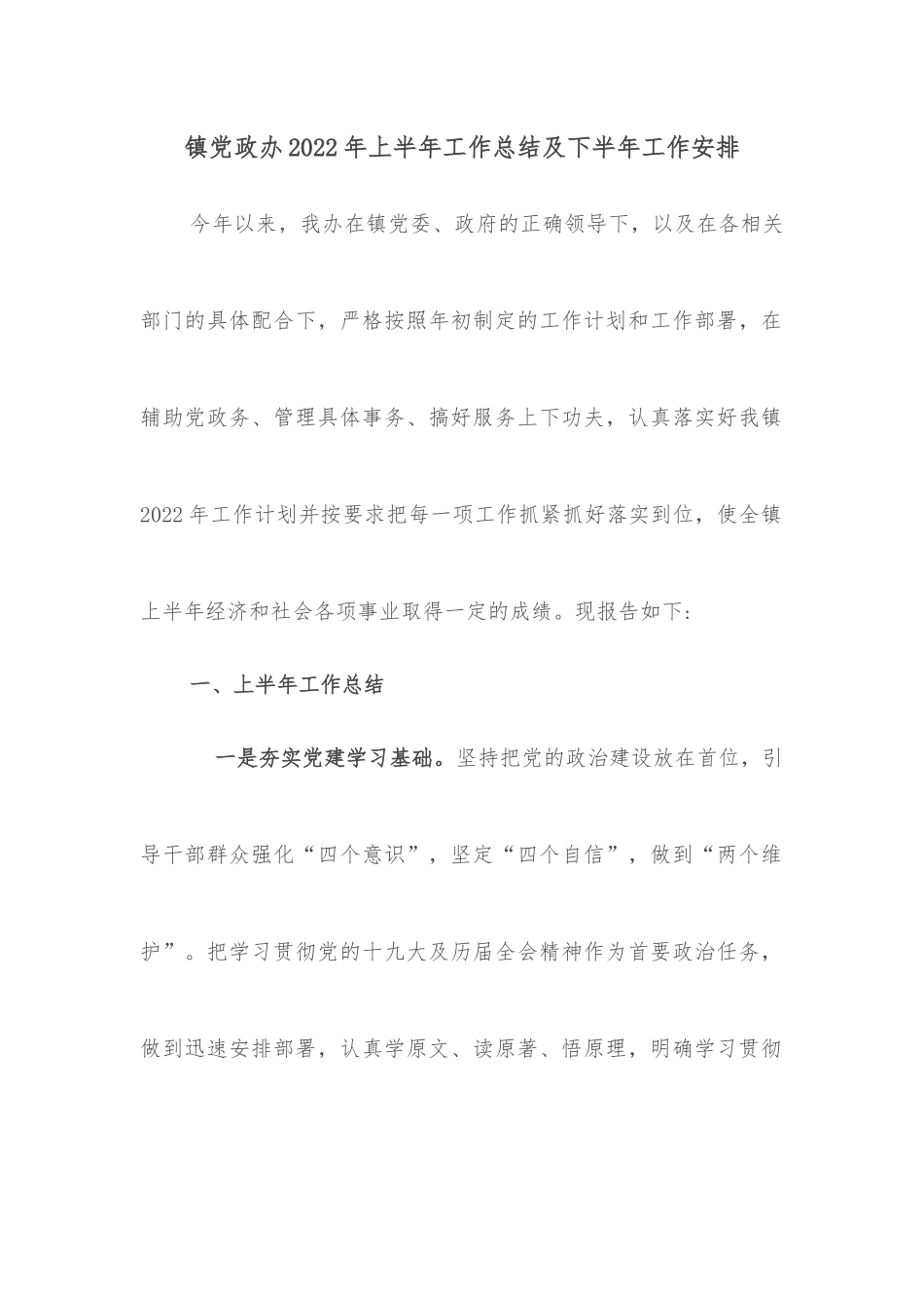 镇党政办2022年上半年工作总结及下半年工作安排_第1页