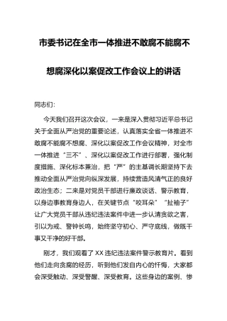 市委书记在全市一体推进不敢腐不能腐不想腐深化以案促改工作会议上的讲话