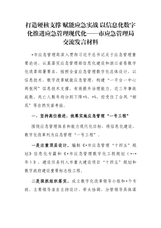打造硬核支撑 赋能应急实战 以信息化数字化推进应急管理现代化——市应急管理局交流发言材料