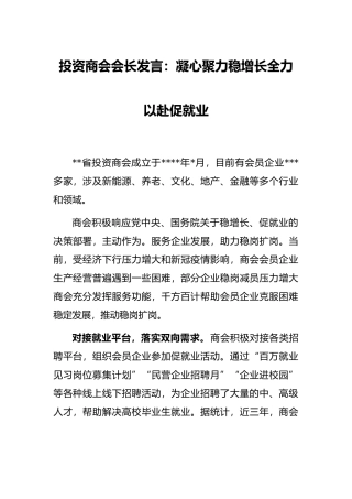 投资商会会长发言：凝心聚力稳增长全力以赴促就业
