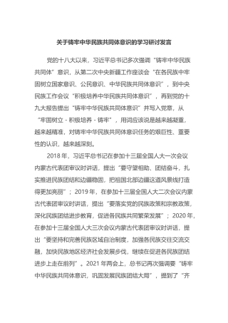 关于铸牢中华民族共同体意识的学习研讨发言