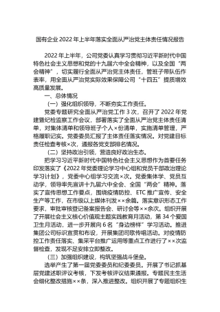 国有企业2022年上半年落实全面从严治党主体责任情况报告