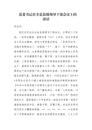 县委书记在全县县级领导干部会议上的讲话