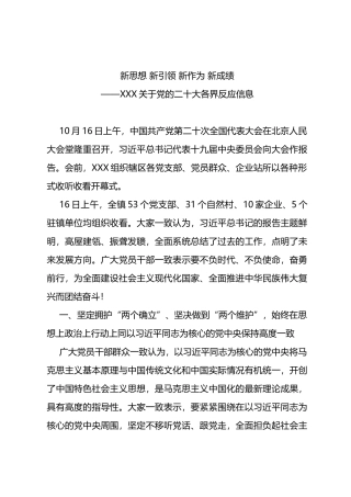 XXX关于党的二十大各界反应信息——新思想 新引领 新作为 新成绩