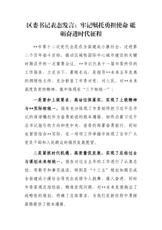 区委书记表态发言：牢记嘱托勇担使命 砥砺奋进时代征程