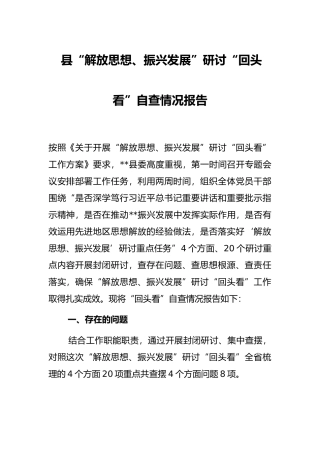 县“解放思想、振兴发展”研讨“回头看”自查情况报告