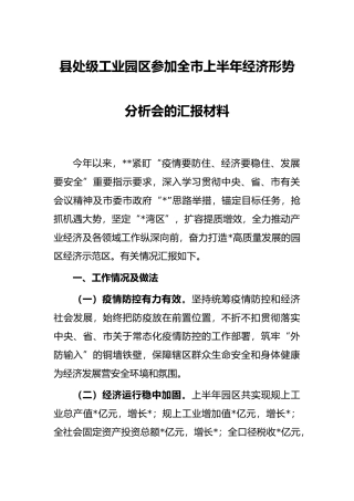 县处级工业园区参加全市上半年经济形势分析会的汇报材料