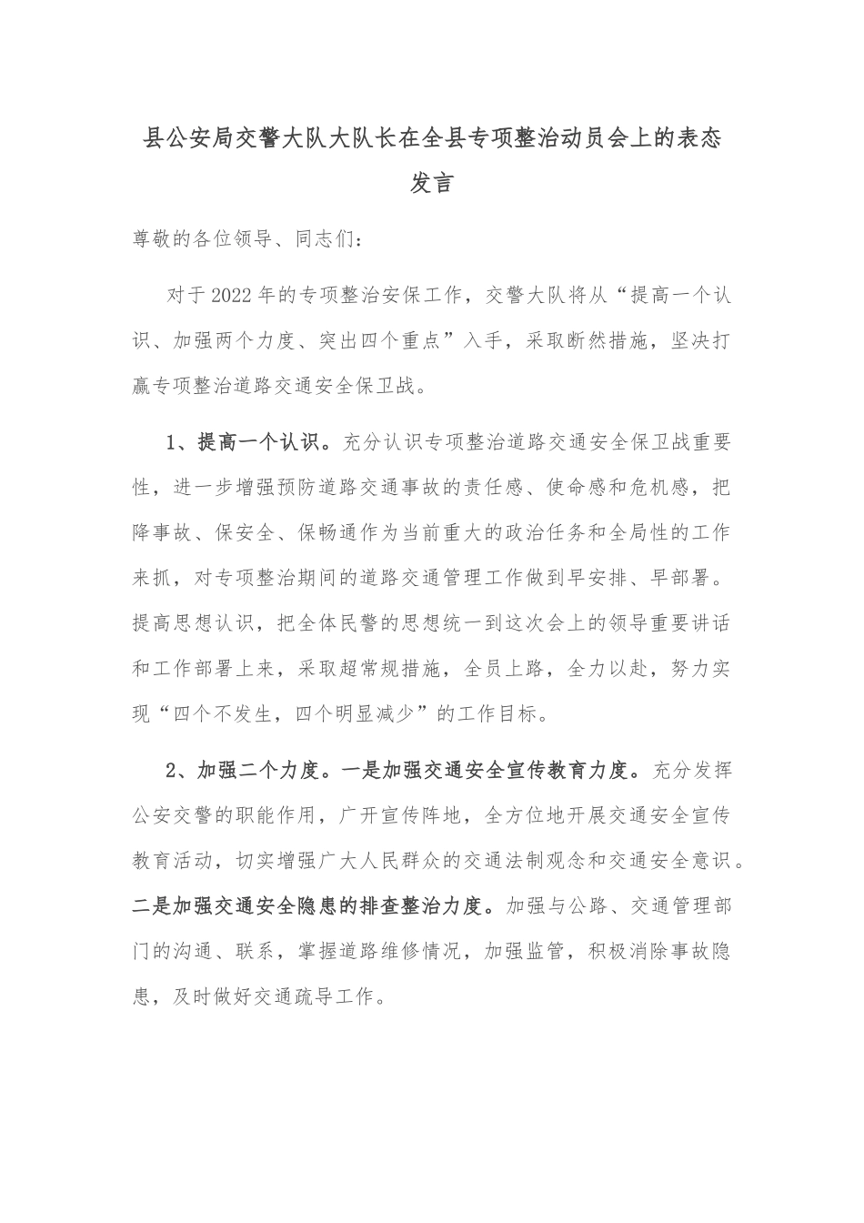 县公安局交警大队大队长在全县专项整治动员会上的表态发言_第1页