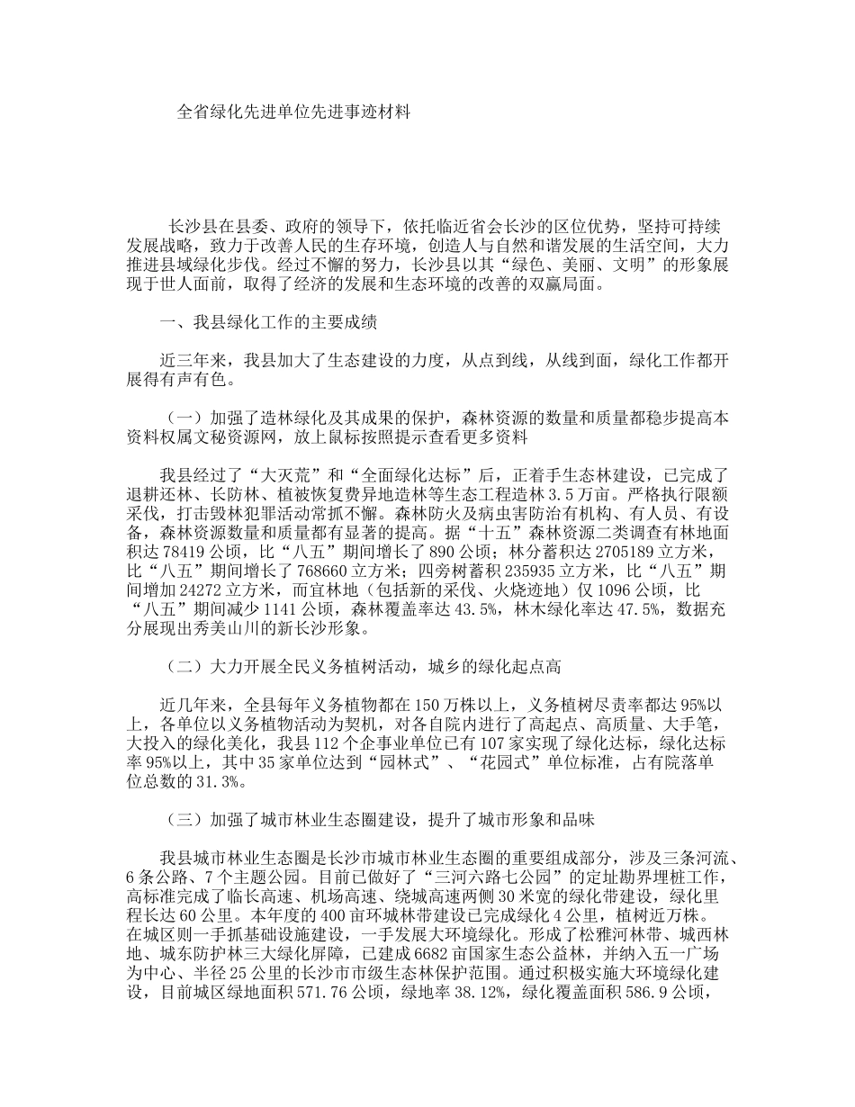 全省绿化先进单位先进事迹材料_第1页