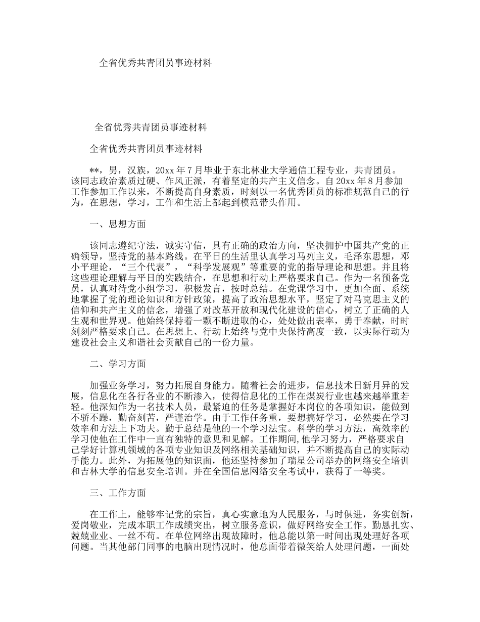 全省优秀共青团员事迹材料_第1页