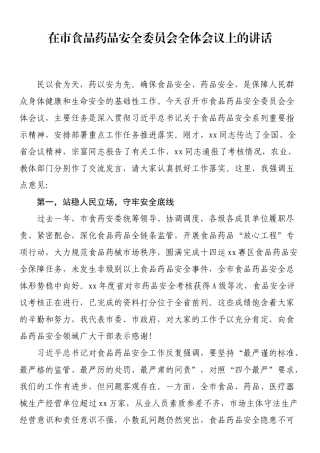在（全市）食品药品安全委员会全体会议上的讲话