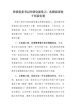 乡镇党委书记培训交流发言：扎根最深处 干在最实处