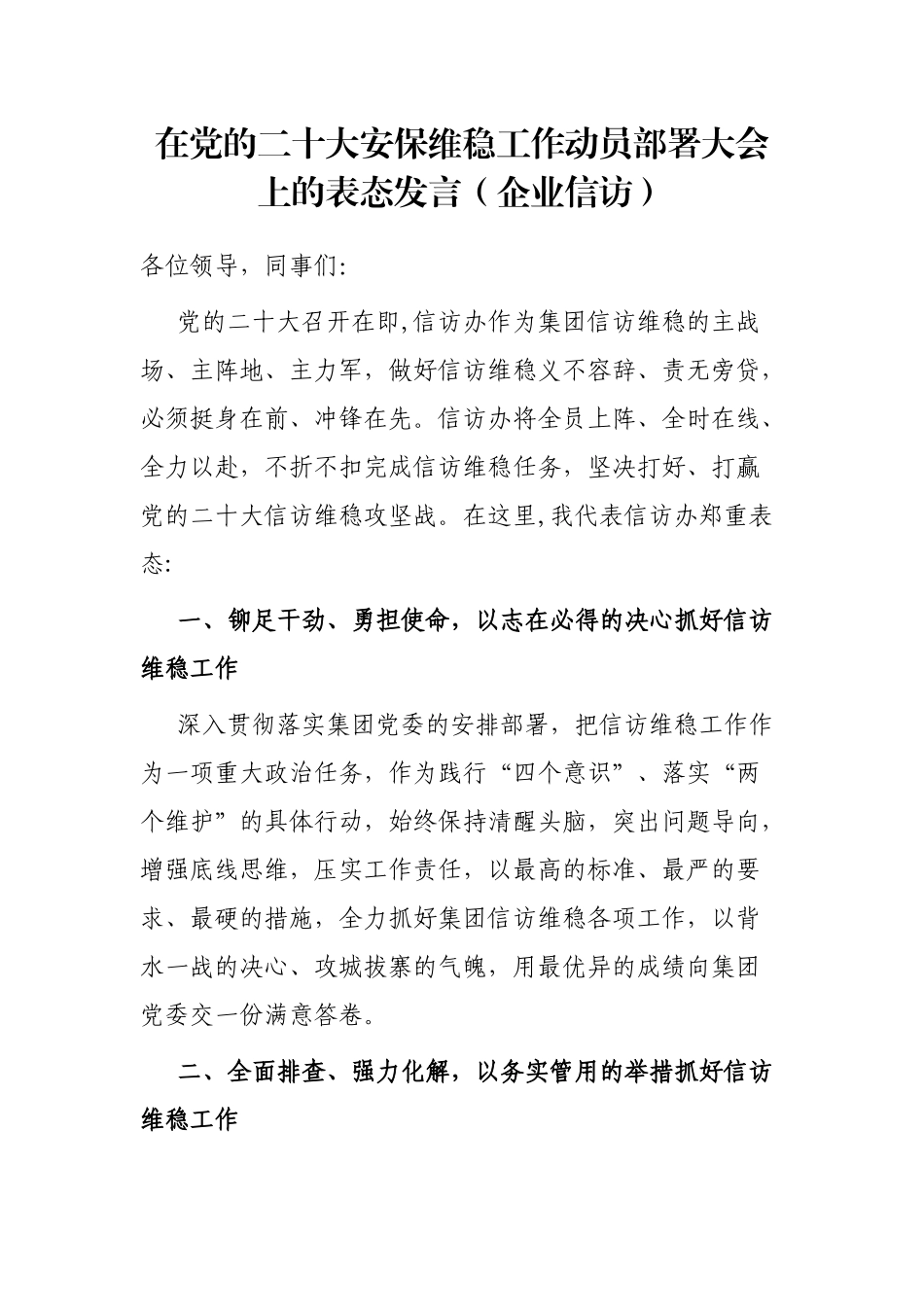 在党的二十大安保维稳工作动员部署大会上的表态发言（企业信访）_第1页