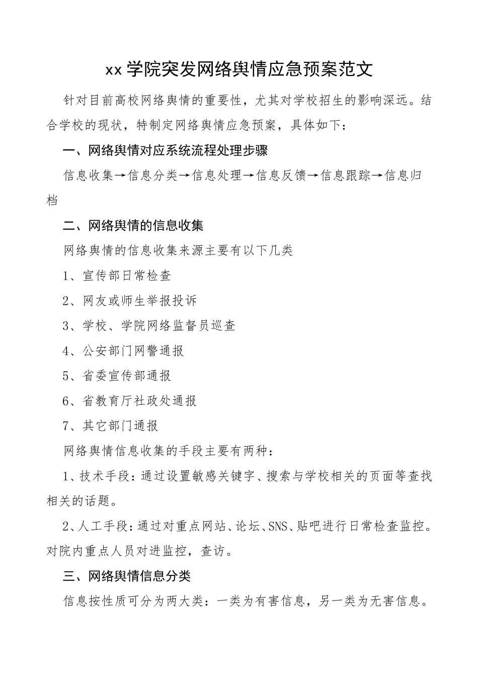 xx学院突发网络舆情应急预案范文（高校大学工作制度）_第1页