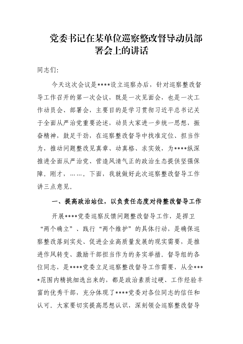 党委书记在某单位巡察整改督导动员部署会上的讲话_第1页