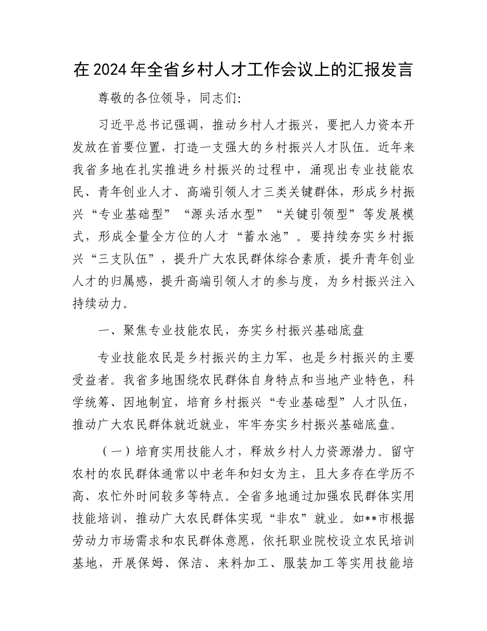 在2024年全省乡村人才工作会议上的汇报发言_第1页