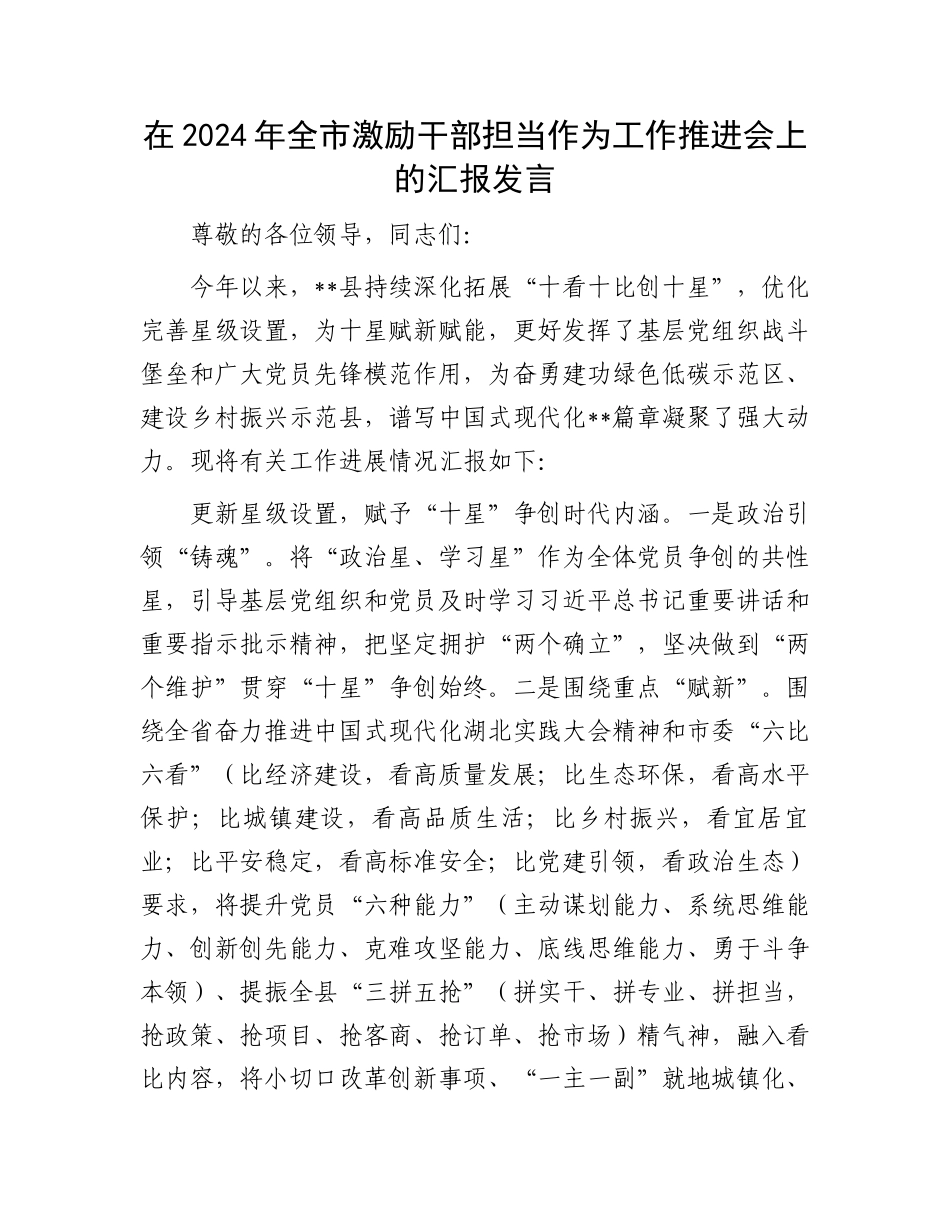 在2024年全市激励干部担当作为工作推进会上的汇报发言_第1页