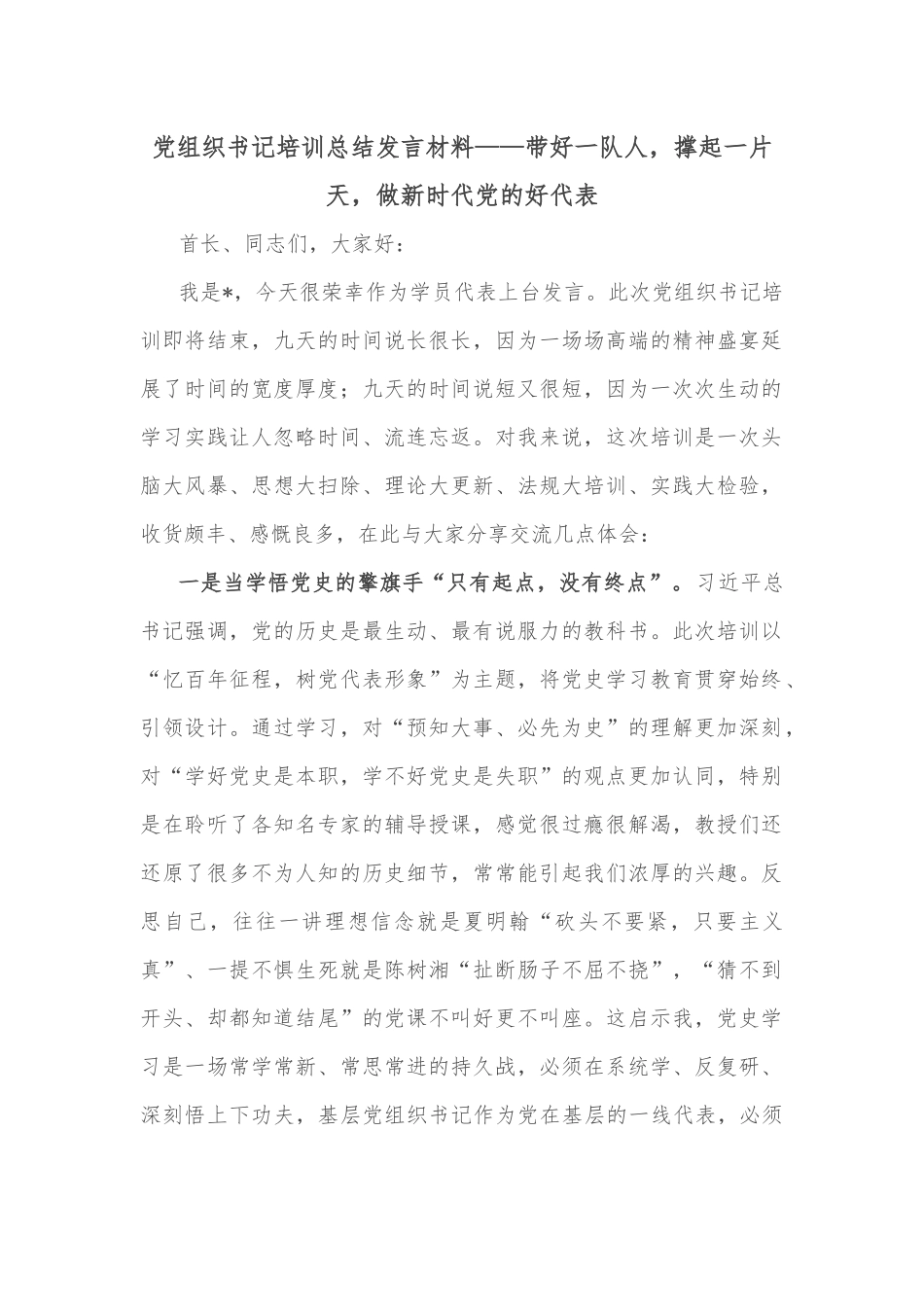 党组织书记培训总结发言材料——带好一队人，撑起一片天，做新时代党的好代表_第1页