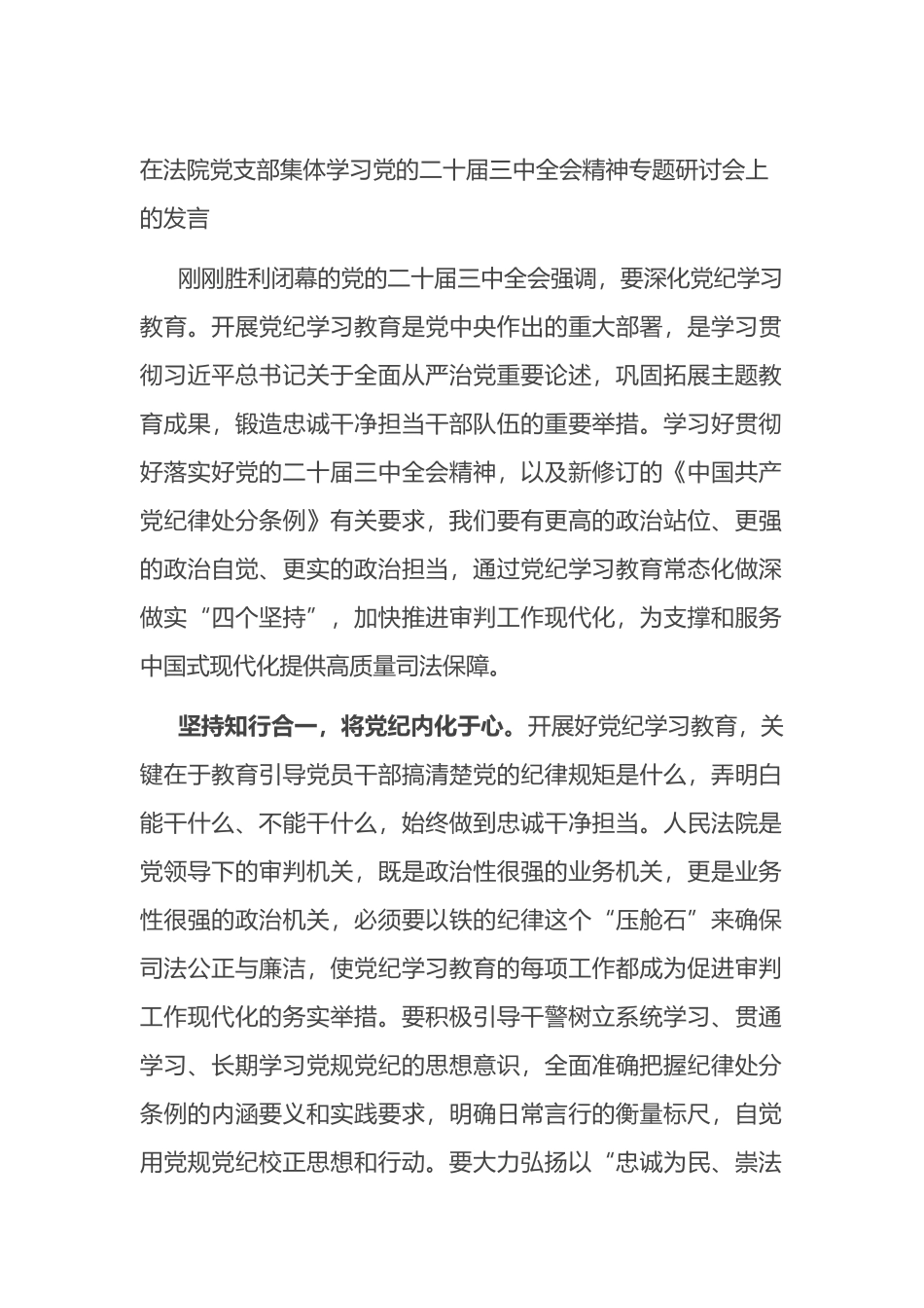 在法院党支部集体学习党的二十届三中全会精神专题研讨会上的发言_第1页