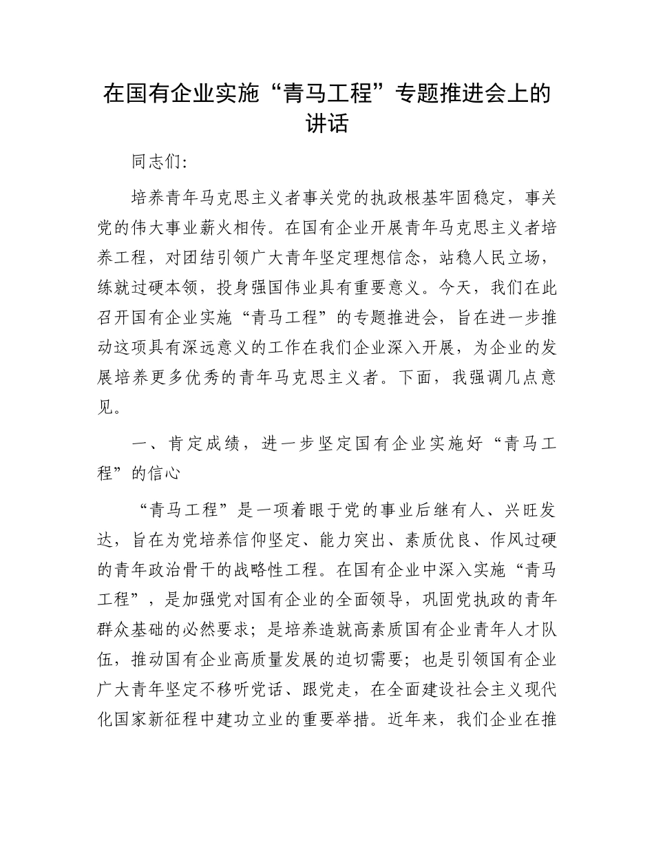 在国有企业实施“青马工程”专题推进会上的讲话_第1页
