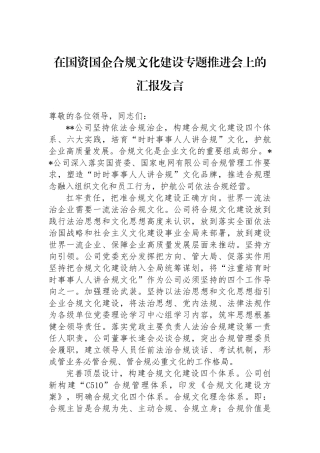 在国资国企合规文化建设专题推进会上的汇报发言