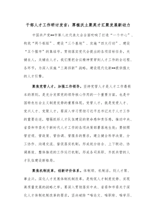 干部人才工作研讨发言：厚植沃土聚英才汇聚发展新动力