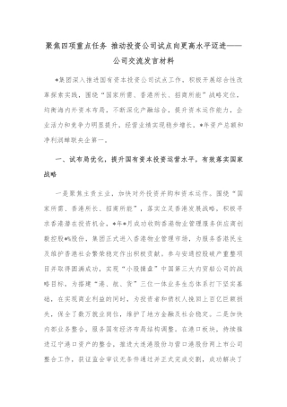 聚焦四项重点任务 推动投资公司试点向更高水平迈进——公司交流发言材料