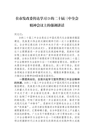 在市发改委传达学习党的二十届三中全会精神会议上的强调讲话