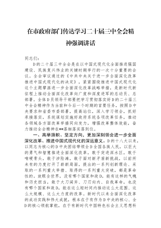 在市政府部门传达学习二十届三中全会精神强调讲话
